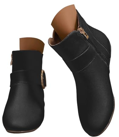Xbemkste Bottines pour femme - Semelle souple et confortable - En cuir - Avec fermeture éclair - Boucle de ceinture - Tige courte - Élégantes - Style décontracté, Noir , 40 EU