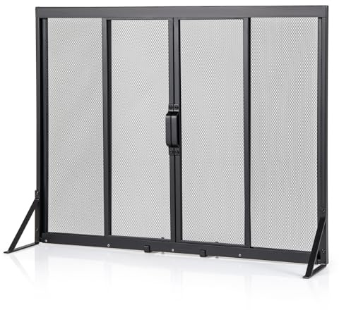 COSTWAY Protector de Chimenea con Puertas Corredizas, Salvachispas para Chimenea de Seguridad con Marco de Soporte Triangular, Malla Metálica, Pantalla para Chimenea de 4 Paneles en Hogar (89 x 72 cm)