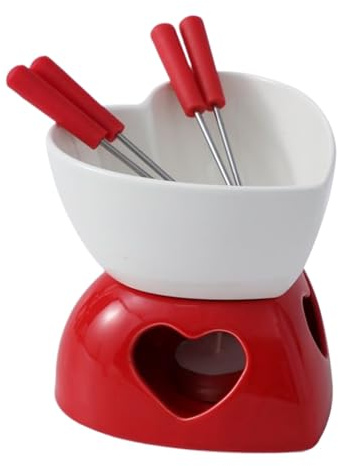 Taza de fondue, corazón de cerámica con tenedores, vela de té, 12,2 x 12,8 x 12 cm, mini olla para fondue, taza de fusión de chocolate, cuenco de cerámica resistente al calor, para postres, dulces