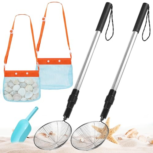 Agolctry Confezione da 2 setacci per sabbia da spiaggia con borsa per conchiglie e pala per sabbia, setaccio regolabile per denti di squalo, strumenti per la raccolta di conchiglie da spiaggia e la