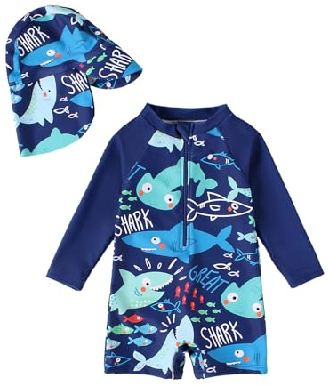 WYTbaby Maillot de bain une pièce pour bébé - Vêtement UV à manches longues - Protection UV - Pour bébé garçon - Avec chapeau de soleil, Dinosaure bleu marine, 6-12 mois