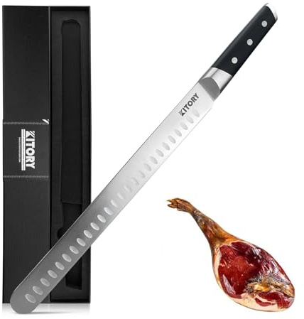 Kitory Cuchillo Jamonero Profesional de 30 cm con Alveolos de Acero Inoxidable, Fabricado en Acero Inoxidable Alemán, con mango ergonómico de madera de pakka y estuche de regalo