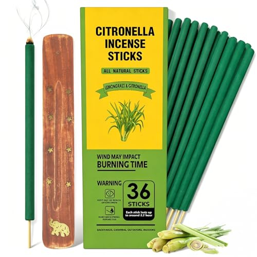 Citronella Incenso Bastoncini Set,36 Extra large Citronella Incenso Naturali con Olio Essenziale di Lemongrass-Interno ed Esterno,Durata fino a 100 ore,Ideale per Giardino,Campeggio,Meditazione,Yoga