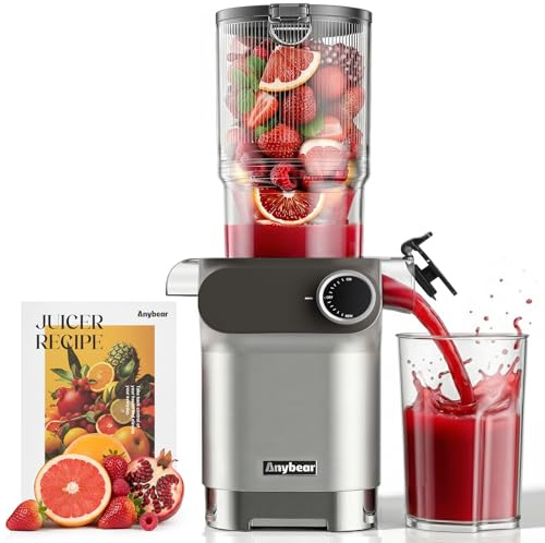 Anybear Cold Press Juicer 200W Masticating Slow Juicer 4.3 Large Feed Chute Fit Whole Fruits Vegetables | Upgraded Auger | Tritan Material | BPA Free | Juice Recipes (Silver)