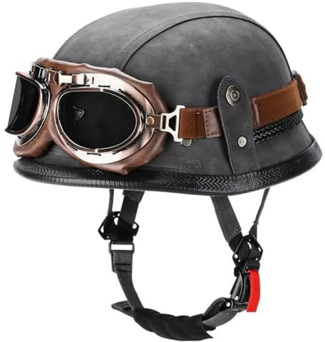 Casco Da Moto In Stile Tedesco, Omologato ECE/DOT, Casco A Mezzo Casco Vintage In Pelle Per Adulti (Uomo E Donna), Casco Da Ciclomotore Cruiser Con Occhiali. 5,XXL(60-61CM)