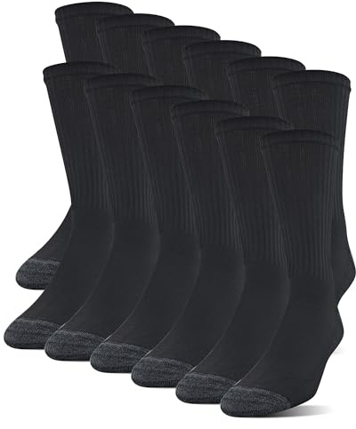 Gildan Men's Polyester Half Cushion Crew Socks, 12-Pairs, Black, Shoe Size: 6-12