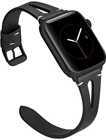 Wearlizer Black Leather Strap Compatible with Apple Watch Straps 41/38/40/42mm iWatch Womens Mens Triangle Hole Wristband Sport Replacement Bracelet SE Series 10 9 8 7 6 5 4 3 2 1 Edition
