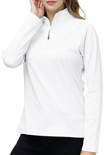 AjezMax Damen 1/4 Reißverschluss Trainsshirt Langarm Sportshirt Shnelltrocknendes Funktionsshirt Workout Gym Yoga Fitness Laufjacke Weiß Größe M