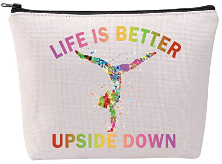 FOTAP Gymnast Cosmetic Bag Gymnast Inspirational Gift Gymnastics Lover Gift Tumbling Girl Travel Bag Gymnastics Zipper Pouch Makeup Bag (Life Down),White