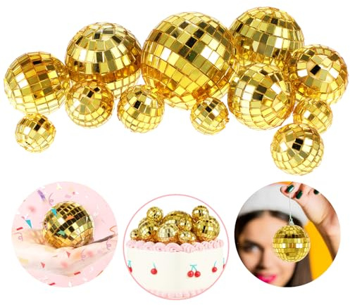 Lot de 12 boules disco dorées - Mini facettes - Décoration gâteau thème disco - Accessoires fête d'anniversaire 70s - Accessoires dansants