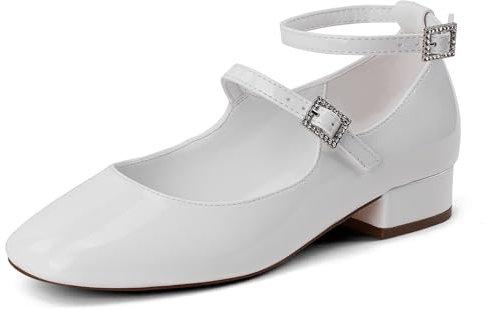 GENSHUO Mary Jane Schuhe mit Knöchelriemen, quadratische Zehenpartie, flach und leicht, minimalistisches Design, mit zierlicher Strassverzierung, Weiß, 38 EU