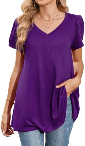 Enmain Tunique Femme Longue Grande Taille T Shirt Col V à Manche Courtes Chemisier Ete Chic et élégant Tuniques Haut Ample Violet 2XL