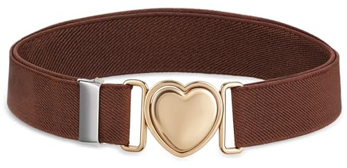 Lnngub Cintura elastica per ragazze, bambini alla moda cintura regolabile in poliestere con fibbia a cuore in lega di zinco per jeans, abiti, maglioni (adatta per vita: 50 cm – 70 cm), marrone, 50