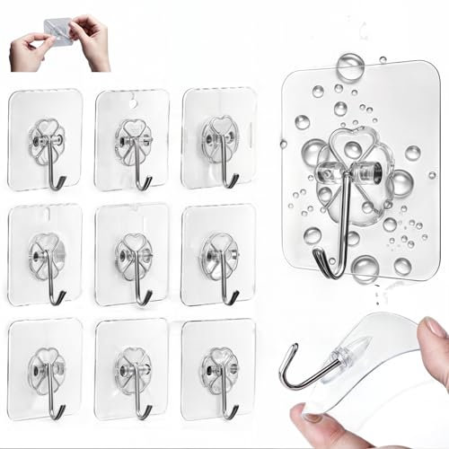 NERIRA®️ 10 Ganchos Adhesivos Resistentes para Pared Multiuso | Ganchos para Colagar | Sin Perforacion | Transparente, Impermeable | Alta Resistencia | Ideales para Cocina, Baño, Oficina, Habitacion