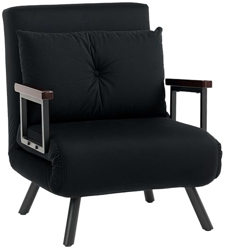HOMCOM Single Chair Bed, Click Clack Convertible Bed Settee, Modern Velvet Feel Fabric Chair Couch with 1 Tufted Cushion, Wood Armrests, for Living Room, Bedroom, Guest Room, Black