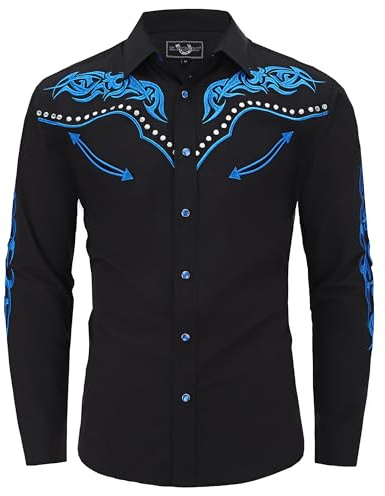 EL PIONERO Herren Western-Cowboy-Hemd, Bestickt, langärmelig, lässig, Druckknopf-Hemd, Schwarz/Marineblau, L