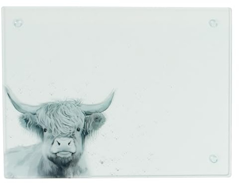 Biznest Highland Cow Worktop Saver White and Grey Rectangular Large Glass Worktop Protector Smooth Board Kitchen Cutting Board Worktop Saver with Non-Slip Feet 30X40Cm