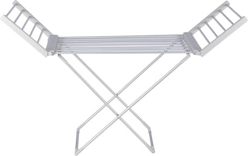 GlamHaus Heated Clothes Airer Rack Rail 220W Foldable, Dryer, Indoor Portable Free Standing Deluxe Eco Dry, Energy Efficient, Low Energy, Aluminium, Silver (Silver Winged)