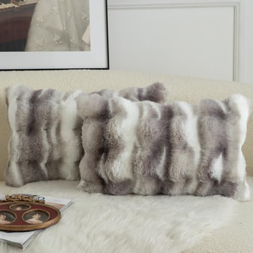 MANDIOO Pack of 2 Thick Plush Wool Decorative Throw Pillow Covers Super Soft Wave Bubble Fur Velvet Cushion Covers Pillow Shams for Couch Bed Living Room 12x20 Inch White Gray