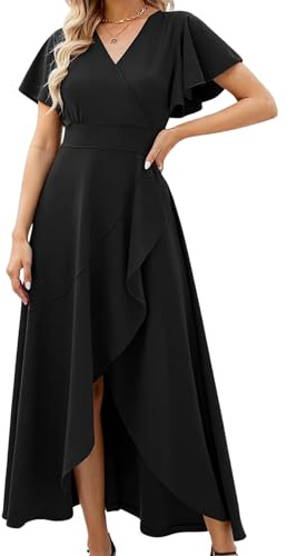Misshow Robe de Soirée et Robe de Cocktail Mariage Luxe, Manches Courtes asymétrique Chic et Glamour Noir S