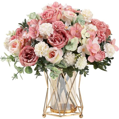 HNVNER 2 Bouquets Fleurs Artificielles en Soie, Bouquet de Fleurs Pivoine Hortensia Artificielle pour Mariage Fête Maison Décoration (Rose)