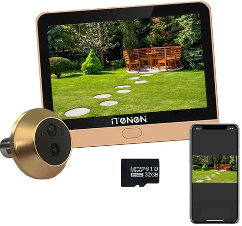 iTenen PAG Judas de Porte Caméra sans Fil avec Carte 32 Go, avec Ecran de 4,3 Pouces,Audio Tout Le Chemin, Détection de Mouvement,Visiophone 3MP avec Batterie 5000mAh,Angle 140°,2.4GHz Wi-FI