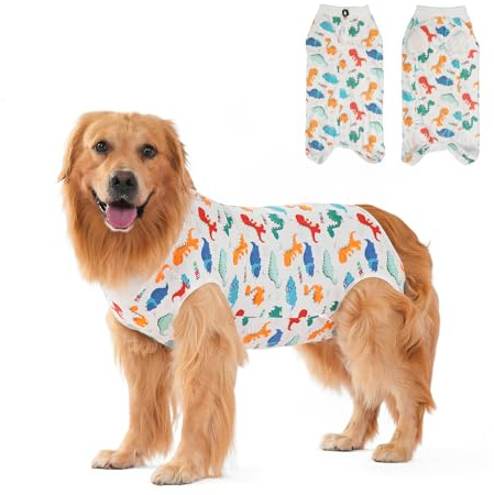 DoggieKit Body Post Operatorio Cane Femmina Tutina Post Operatoria Cane Body Chirurgico per Cani Maschio Tuta Recupero per Cani di Ferite Addominali, Anti-Leccamento (Bianco-dinosauro, L)
