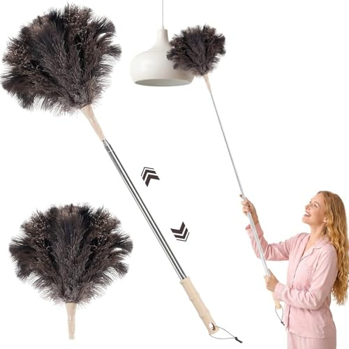 Purecas Natural Ostrich Feather Duster | 49 Inch Extendable Handle with Wooden Grip | Ultra Soft & Fluffy for Dusting Delicate Surfaces in Home, Car & Office