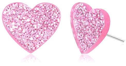 yfstyle Valentines Small Pink Heart Earring Studs Acrylic Glitter Minimalist Heart Earrings for Women Valentines Lover Jewelry Gifts Pink