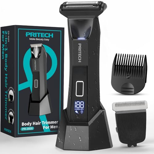 PRITECH Rasoio elettrico da uomo, per pubico, inguine, petto, schiena, palle, impermeabile, con lame 2 in 1 in ceramica e lamina per aree sensibili, senza fili e ricaricabile