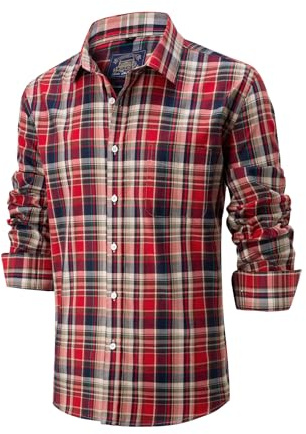 Lonvera1840 Men’s 100% Cotton Plaid Shirt, Long Sleeve Regular Fit with Pocket, Classic Tartan Check, Smart Casual Shirt for Work & Weekend, S–4XL (Red)