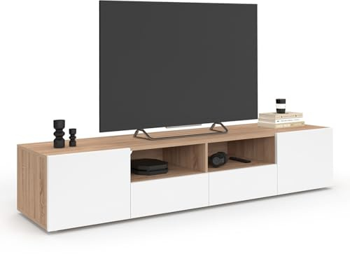 IDMarket - Meuble TV 180 cm ELI Bois façon hêtre Portes Blanches