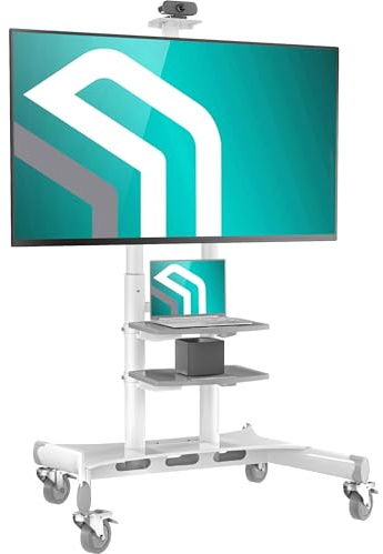 ONKRON Porta Televisore Mobile 50-86 pollici, Carico Totale fino a 105,9 kg, Porta TV da Terra Mobile VESA 200x200-800x500 mm, Carrello TV Regolabile in Altezza, con 2 Ripiani, Bianco TS1881-W