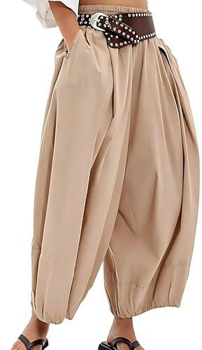 OFSOAK Women Wide Leg Baggy Pants Low Waist Balloon Pants | Barrel Pants, Cotton, Flowy, Elastic Waist Pleated, Casual Summer Pants with Pocket, Sweat Pant, Workout, Vacation