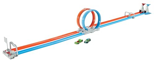 HOT WHEELS Zweispurige Looping Rennstrecke, gerade Trackteile, große Loopings und 2 Spielzeugfahrzeuge im Maßstab 1:64 für Kinder von 5 bis 10 Jahren, GFH85