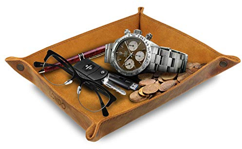 Londo Vassoio Organizer in Vera Pelle - Organizzatore - Pratico Contenitore per Portafogli, Orologi, Chiavi, Monete, Telefoni Cellulari e Attrezzature per Ufficio