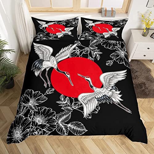 3D Boys Japanese Ukiyoe Comforter Cover Chinese Crane Duvet Cover for Kids Girls Teens Hokusai Floral Sun Pattern Bedding Set Japanese Style Bedding & Linen with 2 Pillowcases 3Pcs Bedding Double