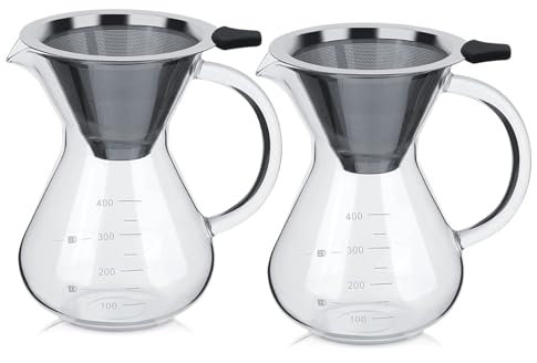 Beufee 2PCS Pour Over Coffee Maker, Stainless Steel Filter Coffee Pot Manual Borosilicate Glass Hand Drip Coffee Maker with Scale Stainless Steel Drip Filter 13.5oz/400ml