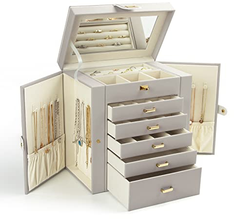 KAMIER Schmuckkasten, Große Schmuckschatulle Holz mit 6 Ebenen, Spiegel, Schubladen aus Geräumige Schmuckaufbewahrung mit seitlich öffnenden Türen für Ringe, Ohrringe & Armbänder, Grau