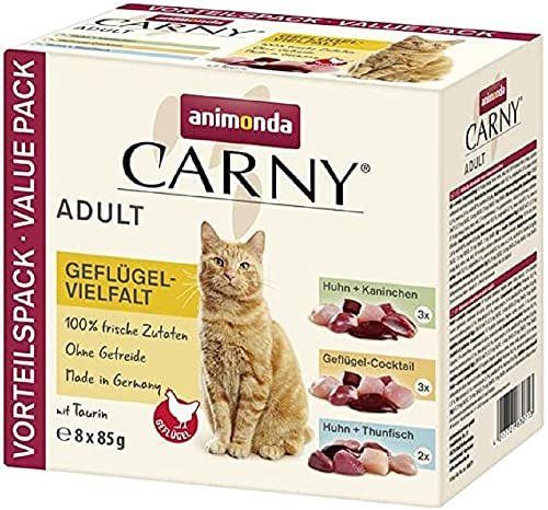 animonda Carny Katzenfutter nass Geflügel-Mix , 8 Portionsbeutel (8 x 85g), getreidefreies Katzennassfutter ohne Zucker für ausgewachsene Katzen mit frischen fleischigen Zutaten