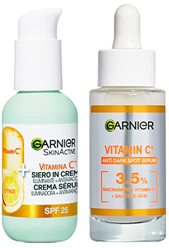Garnier Gesichtsserum gegen Flecken, mit Vitamin C und Salicylsäure, aufhellende und glättende Wirkung, 30 ml + Gesichtsserum in aufhellender Creme gegen Flecken, LSF 25, 50 ml – 2 Produkte