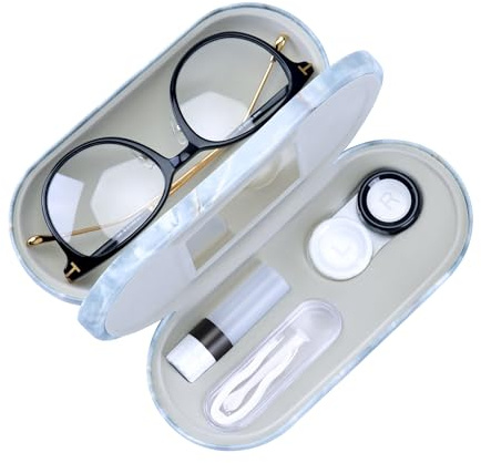 Muf Estuche 2 en 1 para Lentes de Contacto y Gafas, diseño de Doble Cara de Uso Dual, Incluye Pinza y Botella de solución para Lentes de Contacto en el Kit de Viaje(Mármol Verde Grisáceo)