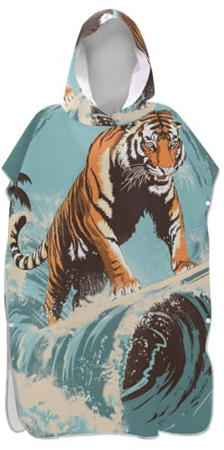 senya Surf Poncho Towel Hooded Beach Towel, Tiger Surfing Wave Bath Towel Swim Cover Up for Women Men Beach Pool Water Park