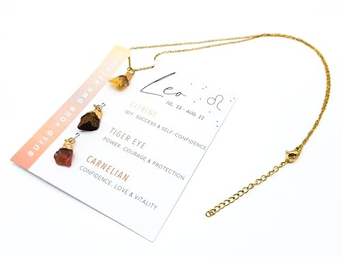 AB India Crafts Sternzeichen Geschenkset 3 Edelstein Anhänger mit Kette 18 K vergoldet im Om Schmuckbeutel | Schutz Energie Glück (Löwe Anhänger Citrin Tigerauge Karneol)