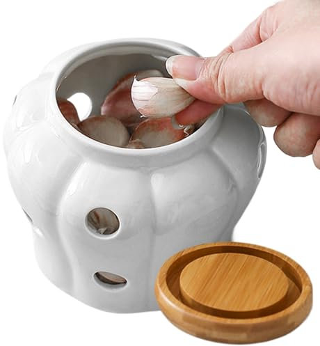 Hperu Garlic Keeper Garlic Pot 4x4In Vented Freshness Ceramic Kitchen Garlic Keeper Large Opening with Lid Countertop Non-Slip Hollow Stylish Garlic Storage for Onions, Ginger (White),Garlic Pot