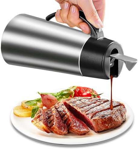 Salsera térmica de acero inoxidable, 750 ml, jarra para salsas con tapa automática, dispensador de aceite, acero inoxidable, cuenco para salsas, jarra de salsa plateada, olla térmica, vaso para salsa