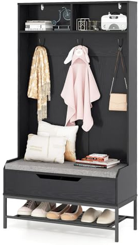 HOMASIS 4 in 1 Stand Appendiabiti da Terra, Mobile Ingresso con Scarpiera, Cassetto, Panca per Scarpe, 2 Scomparti e 3 Ganci, Armadio Aperto da Corridoio, Camera da Letto, 90 x 39 x 170 cm (Nero)