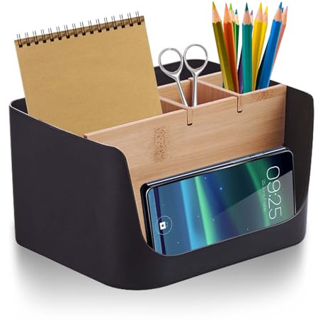 Schreibtisch Organizer, 5 Fächer Holz Schreibtischorganizer, Tisch- Büro- Kosmetik- Organizer mit Abnehmbar Fächer, Aufbewahrungsbox Desk Organizer für Stifte, Haftnotizen (Schwarz), 17.5*13*9.6 cm