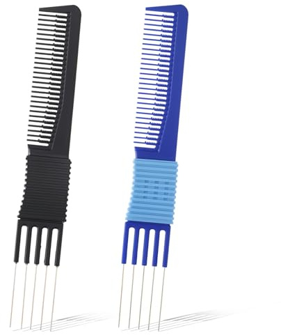 2 PCS Comb with Prongs on, Lift Teasing Comb for Fine Hair, Hairs Backcombing Combs, Hairs Pick Salon Teasing Metal Pick Lifting Fluffing Combs for Women Men Curly Hair(Black, Blue)