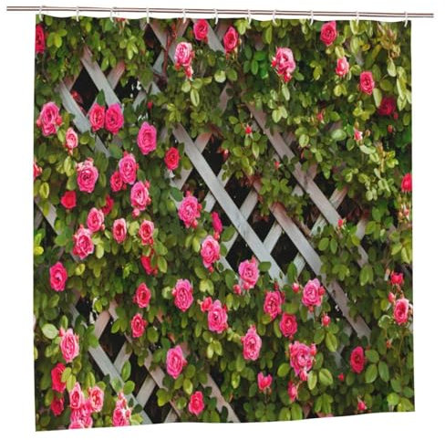 Newhomestyle Summer Roses Outdoor Garden Shower Curtain, Spring Waterproof Bath Curtain, Rustic Decor Pink Flower on Fence, Farmhouse Bathroom Decor Set with 12 Hooks, 180X180cm/ 71X71 inch